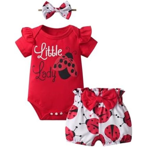 Infant Baby Girls Summer Clothes Short Sleeve Ruffle Print Romper Shorts Headband Outfits Set