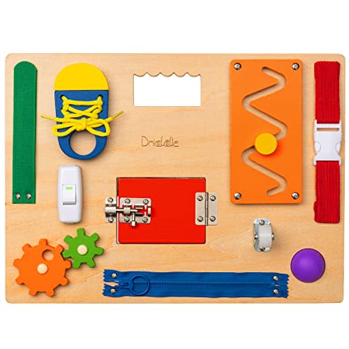 Busy Board - Wooden Montessori Activity Board for Toddlers & Kids - 12 Educational Sensory Toys to Learn Basic Life Skills & Develop Fine Motor Skills + Baby Mirror