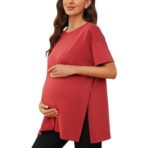 Liu & Qu Womens Maternity Shirts Short Sleeve Split Side Casual Pregnancy Clothes Crewneck Loose Maternity Tops