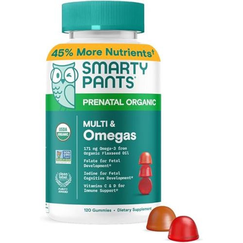 SmartyPants Organic Prenatal Vitamins for Women, Multivitamin Gummies: Biotin, Methylfolate, Omega 3 (ALA), Vitamin D3, C, Vitamin B12, B6, A, K2 & Zinc, Choline, Vegetarian, 120 Count (30 Day Supply)