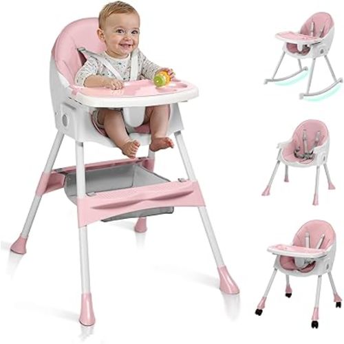 Ktaxon Baby High Chair, 6-in-1 Portable Feeding Rocking Seat with Adjustable Backrest, Removable Tray and 5-Point Safety Harness, Travel Folding Highchair for Toddlers & Babies, Pink