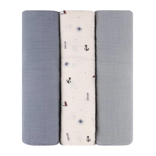 Ely's & Co. Muslin Swaddle Blankets 3-Pack for Baby Boy, 100% Cotton Muslin Extra Large Swaddle Receiving Blankets, 47”x47” (Blue-Ivory Nautical)