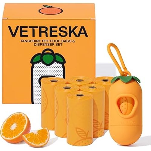 VETRESKA Leak Proof Dog Poop Bags with Dispenser, Citrus Scented Waste Bags, Extra Thick and Large Pet Poop Bags for Walking Dog, Cats Litter and Babies' Diaper 1 Count Holder and 105 Bags, Orange