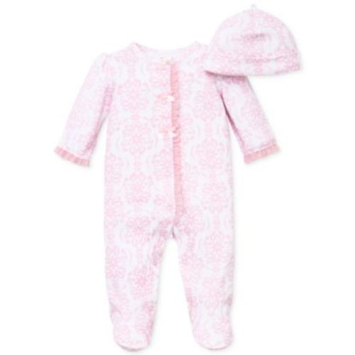 Baby Girls Damask Footed Coverall and Hat, 2 Piece Set