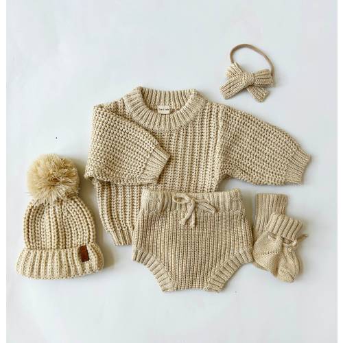 baby newborn knit Set options | sweater bloomer booties hat | Beige Quincy