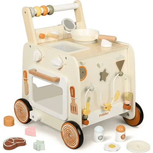 Wooden Baby Walker, 3-in-1 Baby Push Walker, with Pretend Kitchen, Montessori Sensory Activity Center, Push Walker Toys for Babies Learning to Walk, Sit-to-Stand