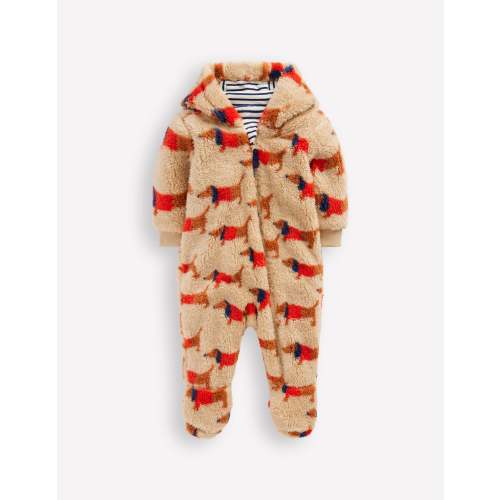 Printed Fleece Pramsuit-Oatmeal/Mars Red Sausage Dogs