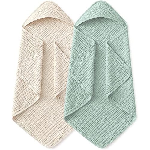 Yoofoss Hooded Baby Towels for Newborn 2 Pack 100% Muslin Organic Cotton Baby Bath Towel with Hood for Babies, Infant, Toddler and Kids, 37.5"x37.5", Soft and Absorbent Newborn Essential,Apricot&Green