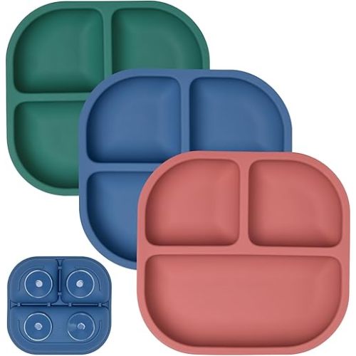 BABELIO Powerful Suction Plates for Baby and Toddler, 100% Food Grand Silicone, Divided, BPA Free, Microwave & Dishwasher Safe, Stay Put, 3 Pack