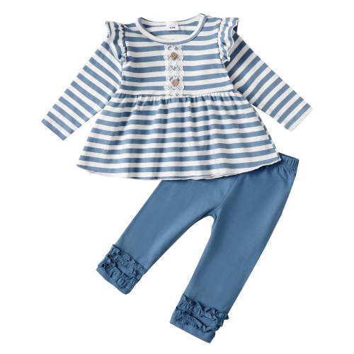 12 Months Baby Girls Clothes 18 Months Girls 2PCS Outfits Set Toddler Girls Long Sleeve Stripe Top Pants Set Blue