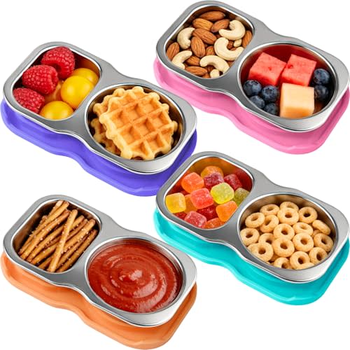 4-Pack Stainless Steel Snack Containers with Lid, Salad Dressing Container To Go, 5.3Oz 2-Compartment Small Condiment Container with Leak Proof Silicone Lid, Perfect Size Reusable Sauce Cup Snack Box