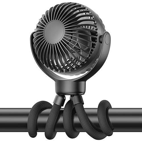 Portable Baby Stroller Fan - 3-Speed Flexible Tripod Personal Fan Clip on for Bed, Rechargeable Battery Powered, Newborn Summer Cooling Essentials for Car Seat, Bike, Sleep, Travel (Black)