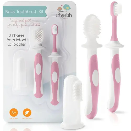 Cherish Baby Care Baby Toothbrush & Toddler Toothbrush Set (0-2 Years) - BPA-Free & Safety-Tested, 2023 Award Winner, Food-Grade Silicone (Pink)