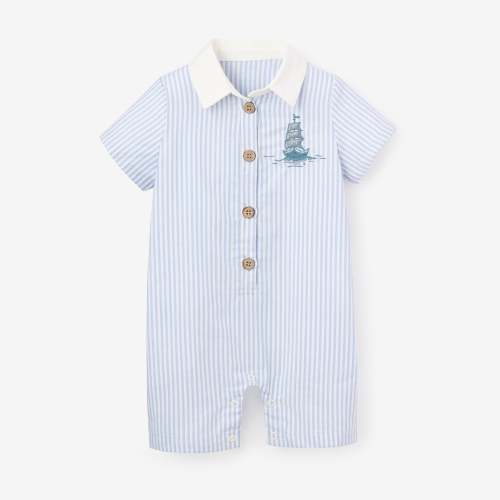 Boat Embroidered Oxford Stripe Shortall – Elegant Baby
