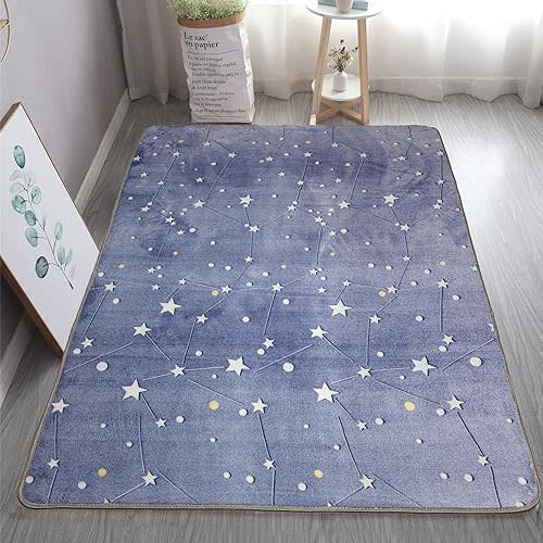 Luminous Area Rug Glow in The Dark for Bedroom Living Room, Unique Soft Washable Modern Indoor Rugs for Children Dorm Home Decor, Blue Galaxy 4.6x6.6 Feet