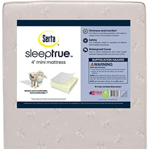 Delta Children Serta SleepTrue Mini Crib Mattress, Premium Sustainably Sourced Fiber Core, Hypoallergenic & Waterproof Cover, Greenguard Gold Certified - Made in USA, White