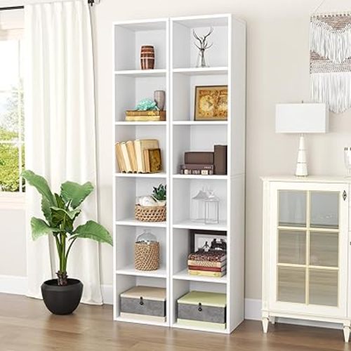 oneinmil 71.5" Tall Narrow Bookshelf Set of 2, 6-Tier Cube Display Rack, Modern Corner Bookshelf with Storage Space, CD Storage Cabinet for Home Office (White 2 Pack, 6-Tier)