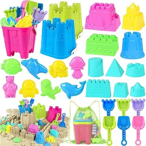 Beach Toys for Toddlers, Sand Castle Toys with 3 Sand Bucket, 6 Sand Shovels, Mesh Bag & Sand Molds Travel Sand Toys for Beach Sandbox Toys for Toddlers Kids Baby Boys Girls Age 3-10