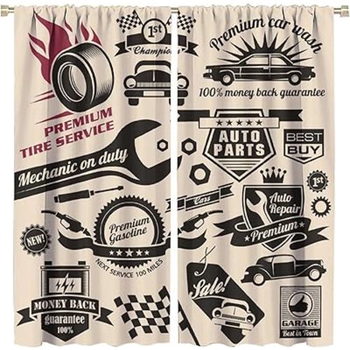 Retro Blackout Curtains Window, Car Repair Shop Logos Monochrome Car Silhouettes Best Garage in Town, for Living Room Bedroom 42x45in 2 Panels
