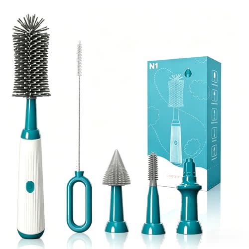 Electric Bottle Brush Set, 6-in-1 Electric Cleaning Brush with Waterproof Silicone Cleaner, 3 Replaceable Brush Heads, Straw Brush & Extension Rod, for Baby Feeding Supplies and Kitchen Utensils