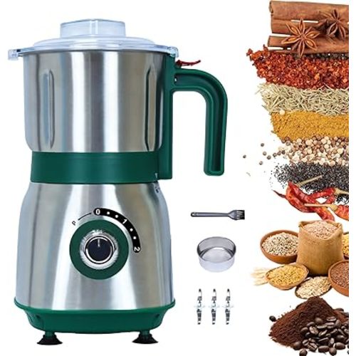 Versatile Kitchen Grinder | 500W Electric Mill | Grinds Spices, Nuts, Grains, Coffee | 3 Stainless Steel Blades | Wet & Dry Use (Green)