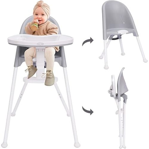 HAN-MM Foldable High Chair, One Click fold,Save Space, Detachable Double Tray, Infant Chair, Car Traveling, 3 in 1 Convertible, 3-Point Harness, Adjustable Footrest, Non-Slip Feet, Adjustable Legs