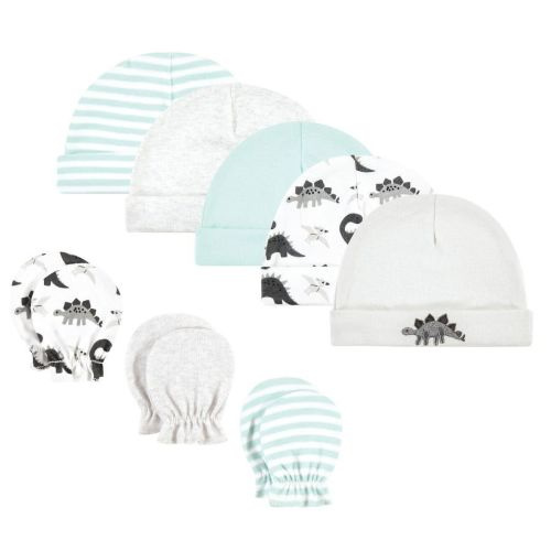 Hudson Baby Unisex Baby Cotton Cap and Scratch Mitten Set, Neutral Dino, 0-6 Months