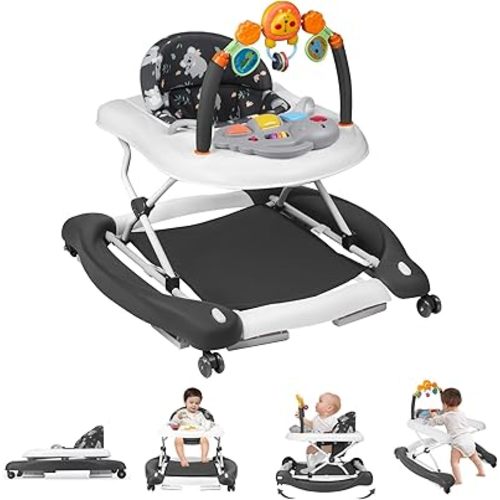 Baby Walker, 5 in 1 Baby Walkers for Boys Girls 6-12 Months, Foldable Walkers for Babies with Bouncer & Feeding Tray, Music, Adjustable Heights, Activity Walker for Infant