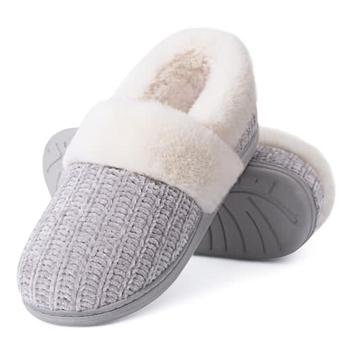 Evshine Women's Fuzzy Memory Foam Slippers, Closed Back Knit Bedroom Slippers, Slip-On Warm House Shoes for Indoor & Outdoor Comfort