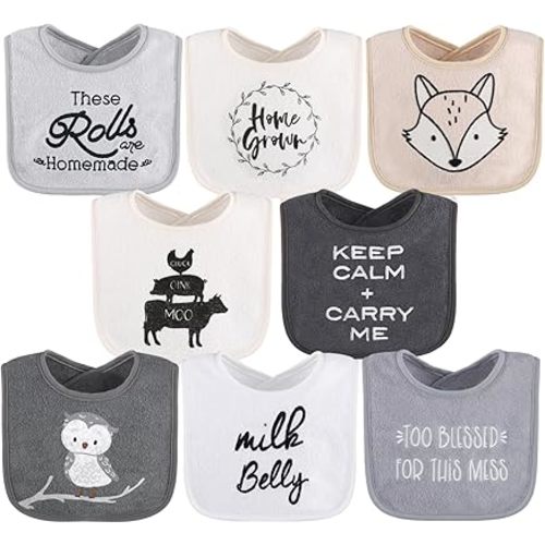 The Peanutshell Baby Boy or Girl Terry Bibs Set of 8-100% Cotton, Soft, Absorbent Baby Bibs for Boys and Girls, Unisex Toddler Set, Newborn & Infant - Black, White, Grey