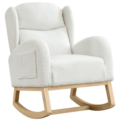 Muumblus Wingback Glider Rocking Chair for Baby Nursery, Wood Legs, Adults, Ivory Teddy