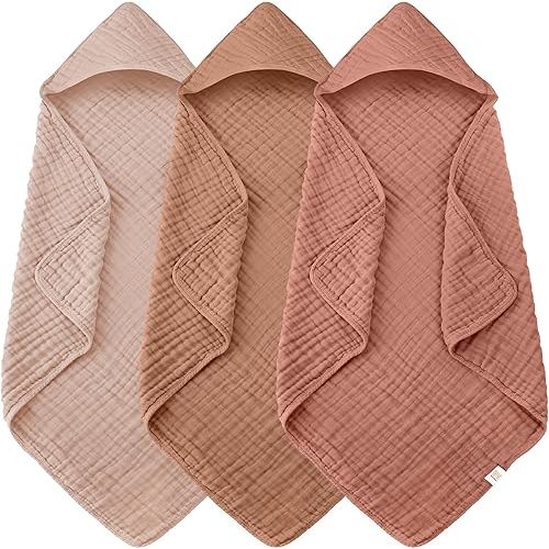 Ease Cubs 3-Pack Muslin Hooded Baby Towels, 100% Cotton, Ultra-Soft & Absorbent Baby Bath Towels with Hood for Babies, Infant, Toddler and Newbron (Bean Paste Series,32" x 32")
