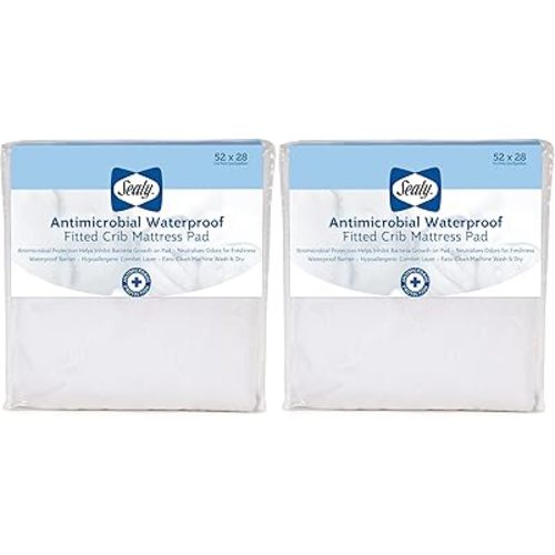 Sealy Baby Antimicrobial Fitted Waterproof Infant Crib Mattress Protector Pad and Toddler Bed Cover, Designed to Neutralize Odors, Machine Washable and Dryer Friendly, 52” x 28”- White (Pack of 2)