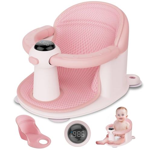 Baby Bath Seat for Babies 6 Months & up, Water Temperature Display+Soft Cushion, Non-Slip Toddler Bath Seat for Baby, Sit Up Bath Seat for Baby, Pink