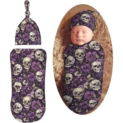 Vintage Purple Flowers Skulls Newborn Swaddle Blankets Hat Sets Soft Baby Receiving Blanket Swaddle Sack for Baby Shower Infant Boy Girl Gift