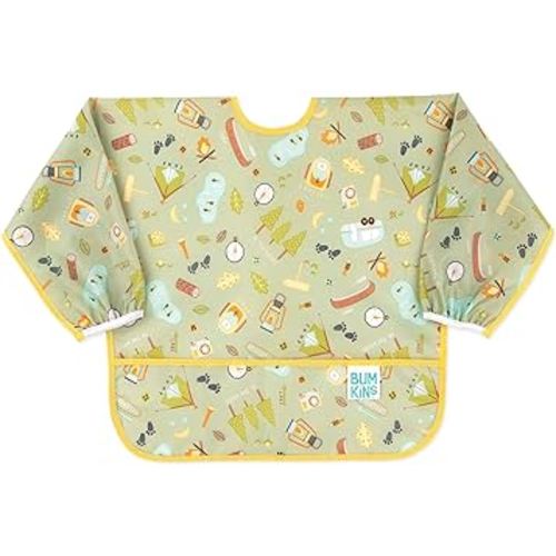 Bumkins Sleeved Bib for Girl or Boy, Baby and Toddler for 6-24 Mos, Essential Must Have for Eating, Feeding, Baby Led Weaning, Long Sleeve Mess Saving Food Catcher, Soft Fabric, Camp Gear Green