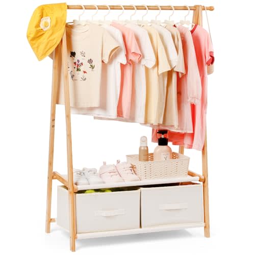 Relquorax Kids Clothing Rack for Hanging Clothes, Small Toddler Clothes Racks Bamboo Wooden Garment Dress Up Storage Costume Rack with 2 Shelves and 2 Storage Baskets, for Laundry Drying (Natural)