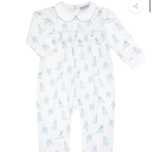 Blue Puppy Love Print Smocked Footie