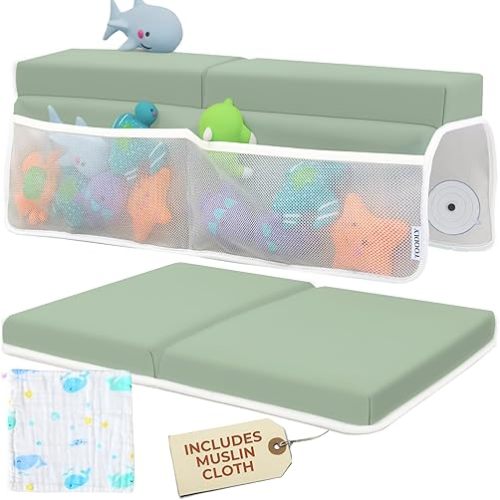 Comfortable Baby Bath Kneeler and Elbow Rest Pad Set with Whale Burp Cloth - Thick, Non-Slip, Memory Foam Kneeling Pad for Bathing Baby with Toy Storage Pockets - Easy Clean and Durable - Green