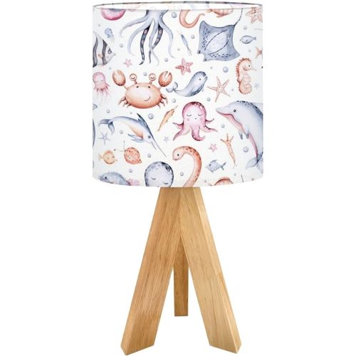 Cute Kids Bedside Desk Table Lamp Set sea animals Blue watercolor ocean fish turtle whale coral Shell Children Nightstand Lamp, Tripod Small Night Lights Linen for Nursery Room Bedroom Dorm Decor