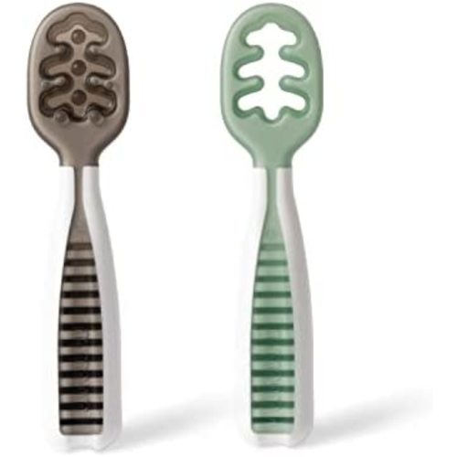 NumNum Pre-Spoon GOOtensils | Baby Spoon Set (Stage 1 + Stage 2) | BPA Free Silicone Self Feeding Toddler Utensils | for Kids Ages 6 Months+, 1-Pack, 2 Spoons, Storm Gray/Glacier Green