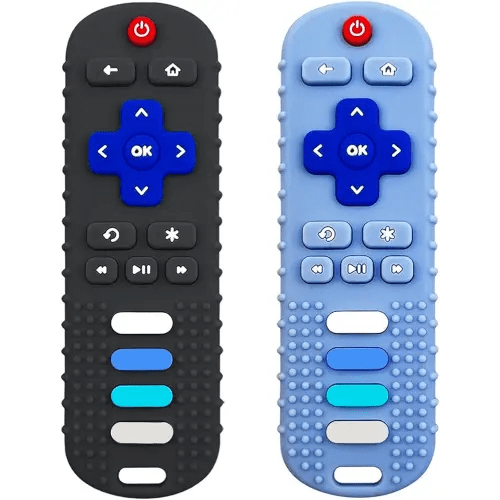 Baby Teething Toys, Food Grade Silicone Teether for Babies 3 6 12 18 Months, TV Remote Shape Toddlers Chew Toys, Freezer BPA Free (Black+Blue)