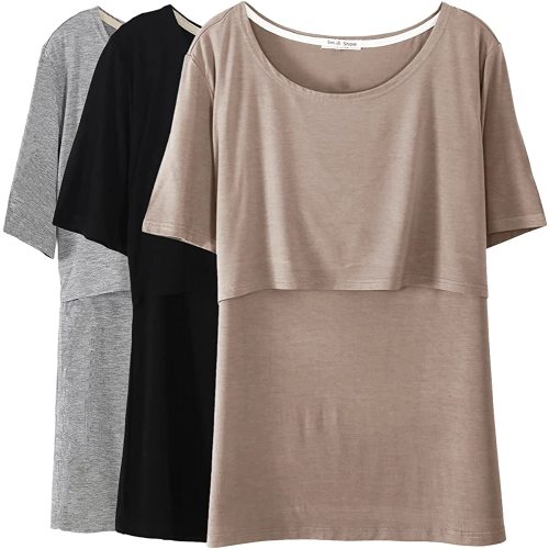Smallshow 3 Pcs Maternity Nursing T-Shirt Modal Short Sleeve Nursing Tops Brown-Black-Grey,Small