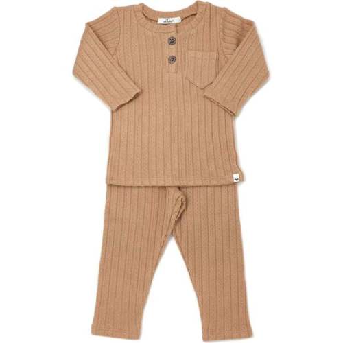 Cable Pocket Henley Two Piece Set, Latte