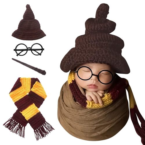 Newborn Photography Props Halloween Wizard Witch Hat Scarf Wand Glasses Frame 4 PCS Set Crochet Baby Photo Prop Halloween Baby Photoshoot Props Halloween Magic Party Cosplay Set