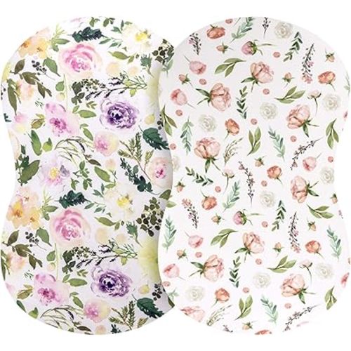 Pobibaby - 2 Pack Premium Bassinet Sheets for Standard Bassinets - Ultra-Soft Premium Knit, Stylish Floral Pattern, Safe and Snug for Baby (Allure)