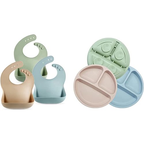 PandaEar Set of 3 Cute Silicone Baby Bibs & Unbreakable Silicone Baby and Toddler Plates