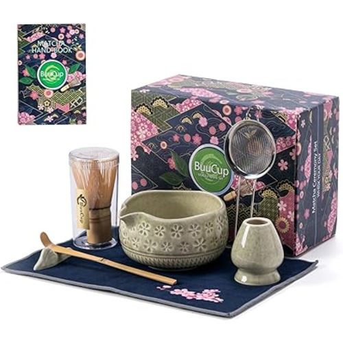 Matcha Whisk Set, Ceramic Matcha Set Includes Matcha Bowl, Matcha Whisk and Holder, Bamboo Scoop, Scoop Rest, Sifter and Tea Towel - 7 Pcs Matcha Kit for Matcha Lovers (Mottled Green)
