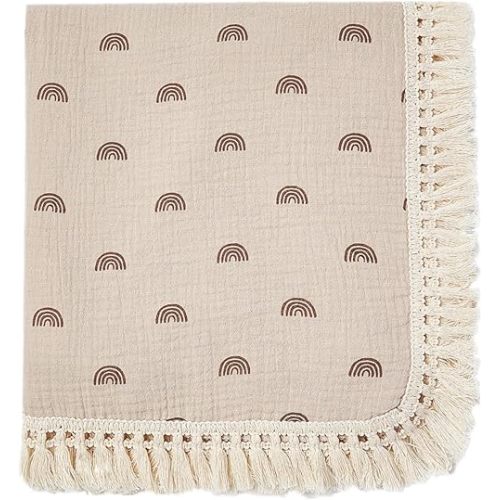insular Cotton Muslin Baby Blanket with Tassel, Boho Bohemian Muslin Swaddle Blanket Baby Receiving Blanket with Fringe, Nursery Decor Throw or Nursing Blankets, 47" x40”, Khaki Rainbow
