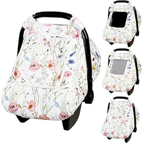 Car Seat Cover Baby, Anti-Kick Carseat Covers Baby Girl, Warm Minky Infant Car Seat Canopy with Mesh Window, Multi-Use Cover Protecting Baby from Wind, Sun, Strangers, White Flowers